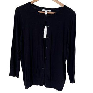 1901 Nordstrom Pima Cotton Blend Crewneck 3/4 Sleeve Button Cardigan Black M